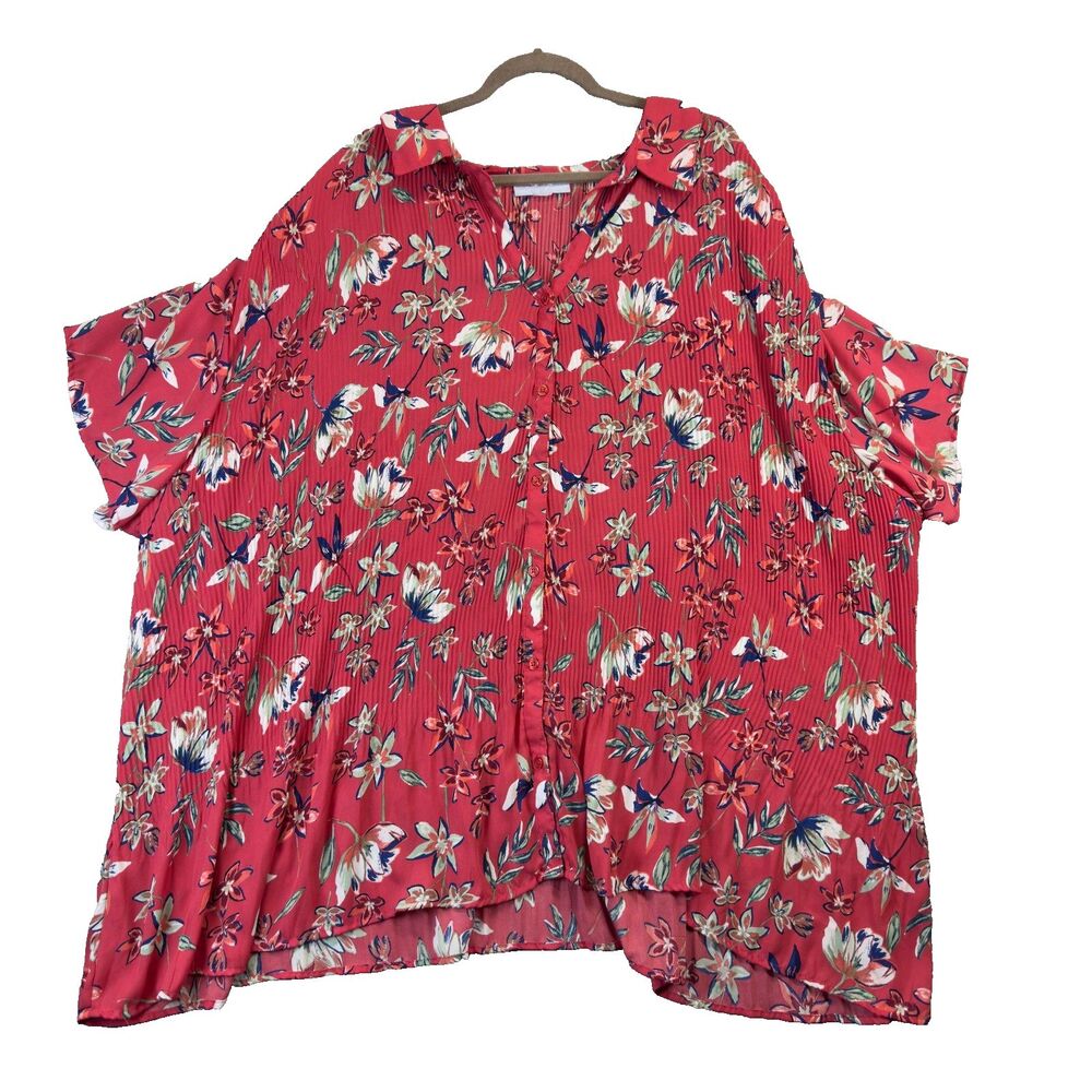 Only Necessities Blouse Womens 5X Red Plus Size Button Up Flowy Stretch Shirt